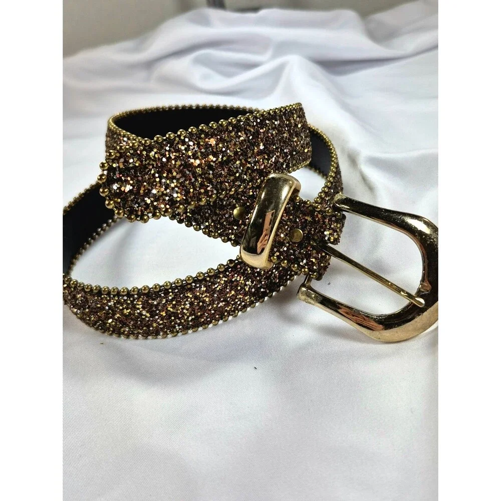 Girls NWOT Gold Sparkle Glitter Western Glam Belt With Beaded Trim S/M
